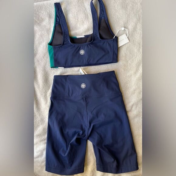 Tory Burch blue/white/green color block sports bra & highrise bike shorts set XS - Picture 5 of 14